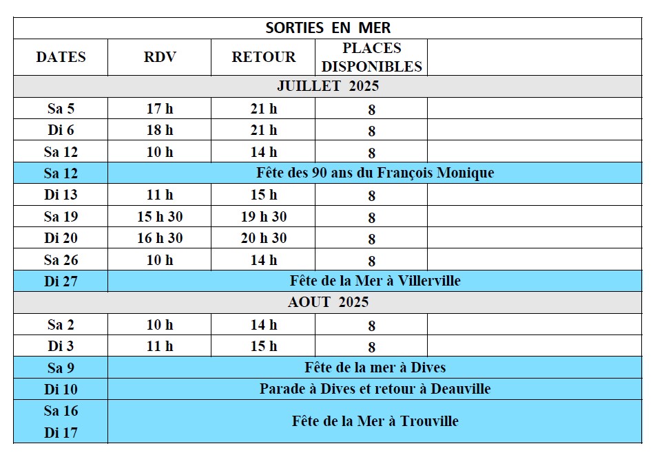 Calendrier des sorties juillet août 2025